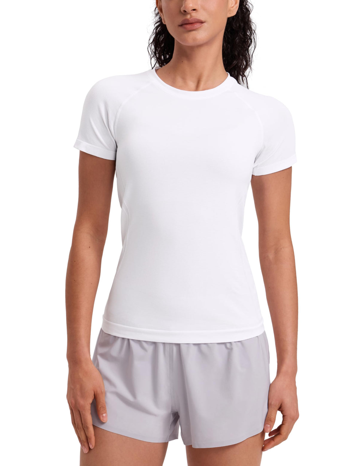 CRZ YOGA Seamless Workout Tops for Women Hip Length - Athletic Running Gym Yoga Short Sleeve Shirts Breathable Crewneck Tees White XX-Small