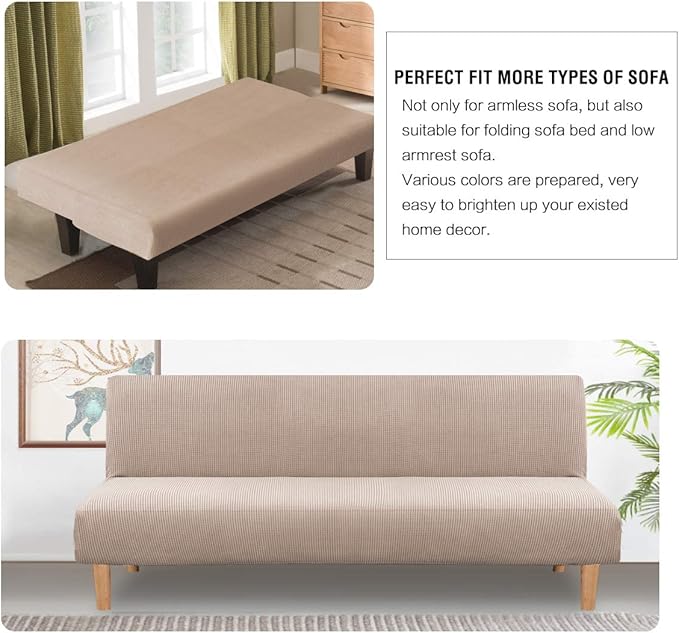 H.VERSAILTEX Armless Futon Cover Stretch Sofa Bed Slipcover Protector Elastic Feature Rich Textured High Spandex Small Checks Jacquard Fabric Futon Cover, Machine Washable, Sand