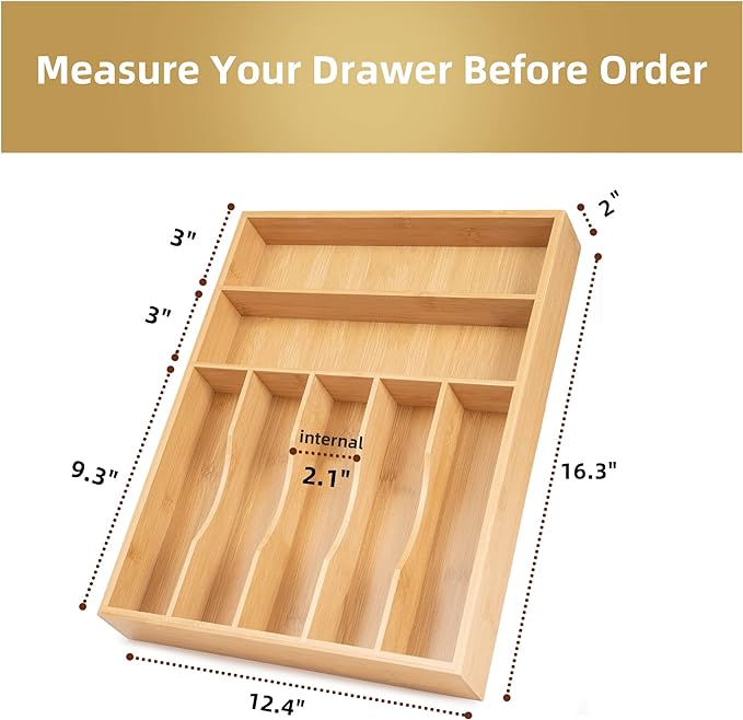 Besilord Silverware Organizer Kitchen Drawer Organizer Utensil Organizer Bamboo Silverware Holder Cutlery Organizer in Drawer Flatware Organizer Tray(7 slots, Natural