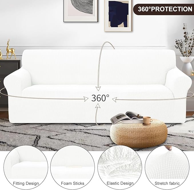 U-NICE HOME 4 Seater Stretch Couch Cover Sofa Cover Washable Sofa Slipcover Furniture Protector for 3 Cushion Couch Sofa Pet Friendly, Ivory White