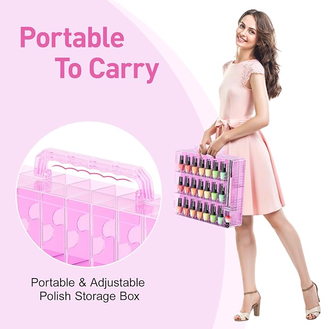 Nail Polish Organizer Pack of 2, Portable 48 Bottles Clear Nail Polish Holder with Adjustable Divider, Gel Nail Polish Storage Double Side Nail Polish Organizer Case for Nail Tech Pink