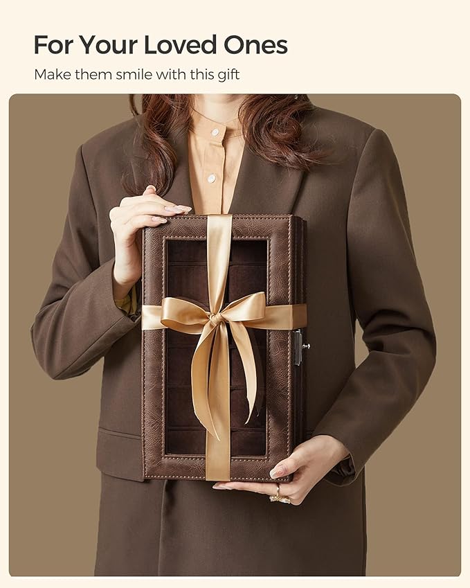 SONGMICS Watch Box, 12-Slot Watch Case Organizer with Large Glass Lid, 2 Layers, Removable Pillows, Metal Lock, Gift for Loved Ones, Brown Synthetic Leather, Brown Lining UJWB012K01