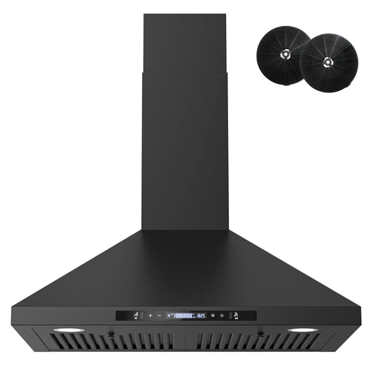 FIREGAS Wall Mount Black Range Hood 30 Inch, 900 CFM Ducted Kitchen Hood 3-Speed Exhaust Fan, Gesture/Touch Control, Timer, 2 Baffle Filters, Stainless Steel Stove Vent Hood