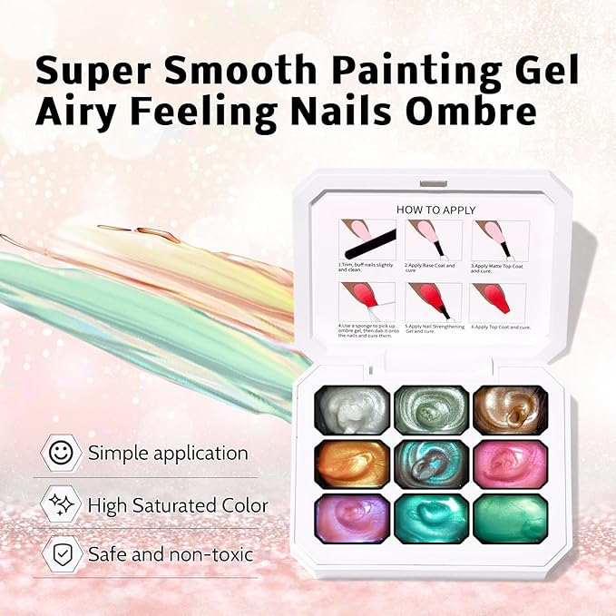 Sponge Pat Paint Nail Gel, Blending Colors Ombre Nails Gradient Gel Nail Blush Blooming Aura Nails Drawing Stripper Floral Painting Nail Art, No Wipe, Aurora Mermaid Chrome Silk Satin (9 Colors L)