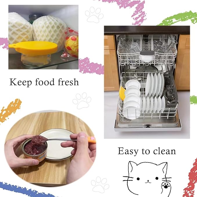 SJANE Cat Food Can Spoons & Can Lids | 4 Pcs | Multi-function Opener | Silicone Pet Food Covers | Stainless Steel Wet Food Spoon for Cats and Dogs(Orange)