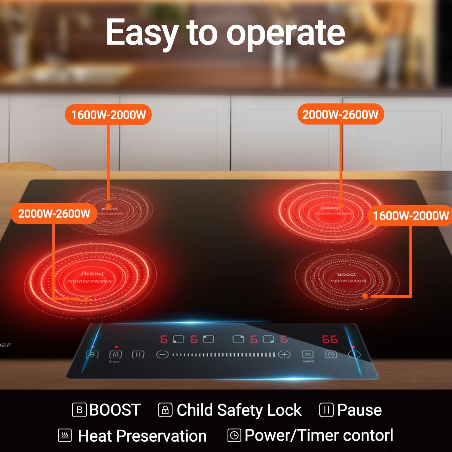 AMZCHEF Electric Cooktop 30 Inch with 4 BOOST Burners Bulid-in Induction Cooktop, 220V-240V/7200W 9 Levels Stove Control by Slide Touch, Child Safety Lock, Pause,Timer and Overheat Protection, No plug