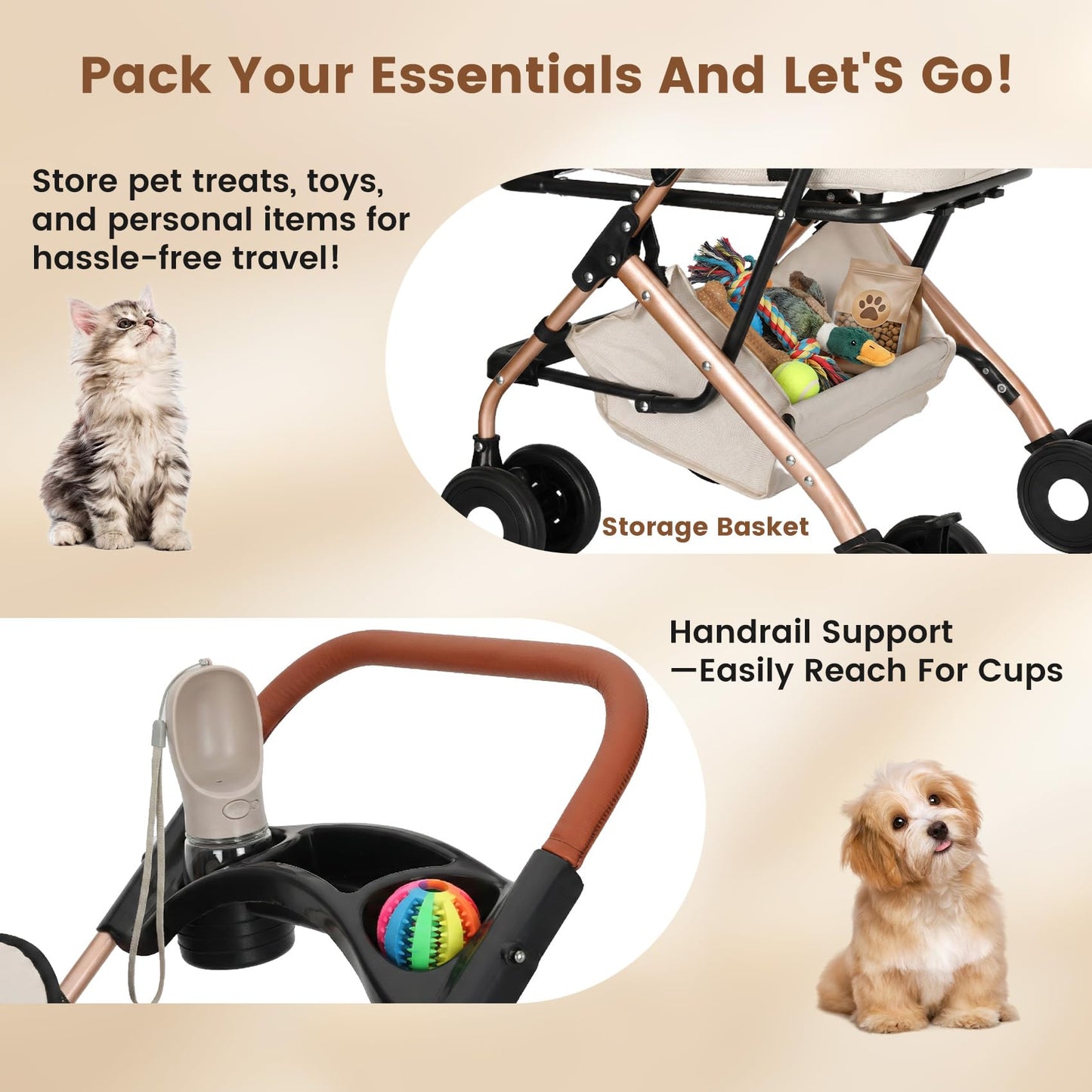 Gereat Dog Stroller for Small & Medium Dogs & Cats, Foldable Pet Stroller Wagon Carries Up to 44 lbs, Dog Wagon with Storage Basket and Cup Holders, Plus a Removable Portable Pet Carrier