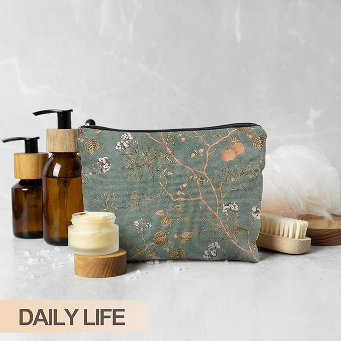 Vintage Floral Bird Makeup Bag, Chinoiserie Green Floral Cosmetic Bags for Women, Rustic Country Botanical Zipper Makeup Pouch