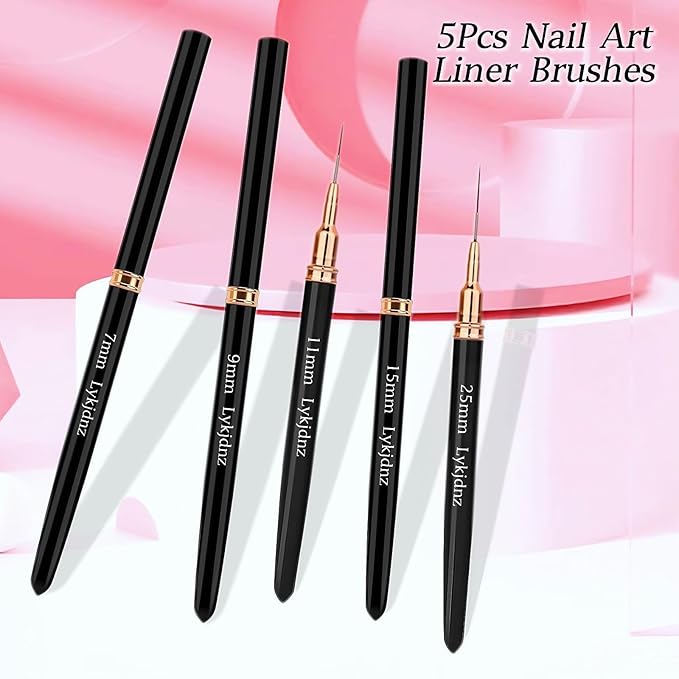 5Pcs Nail Art Liner Brushes, Liner Brush for Nails Gel, Thin Nail Art Brush, Sizes 7/9/11/15/25 mm, 3Pcs Nail Art Clean Up Brushes for Nail Design Painting DIY and Clean Polish Mistake On The Cuticles