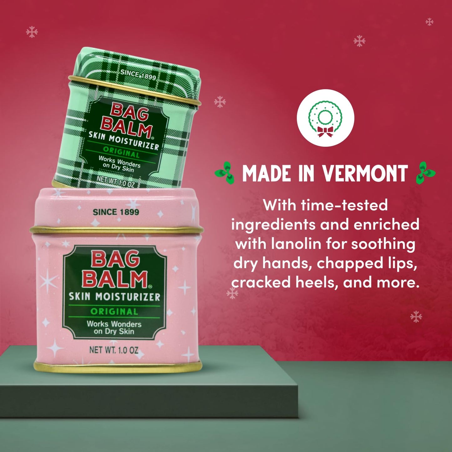 Bag Balm Mini Tin Gift Set – Bundle of 4 Limited Edition Tins (Red Star, Pink Star, Green Plaid, Red Plaid) – Multi-Use Moisturizing Balm for Dry Skin, Lips, Hands and Winter Hydration