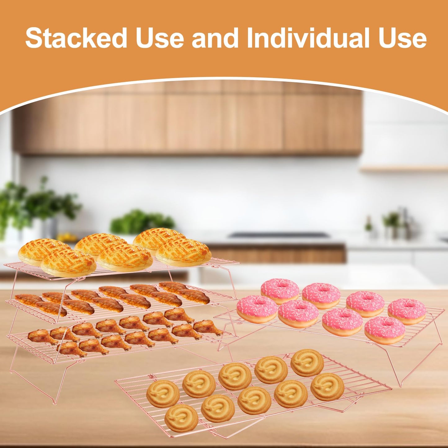 Cooling Rack for Baking 3 Tiers, 16" x 10" Cookie Cooling Wire Rack Stackable Collapsible Nonstick, Stainless Steel Baking Cooking Cooling Racks with Optimum Air Flow, Rose Gold