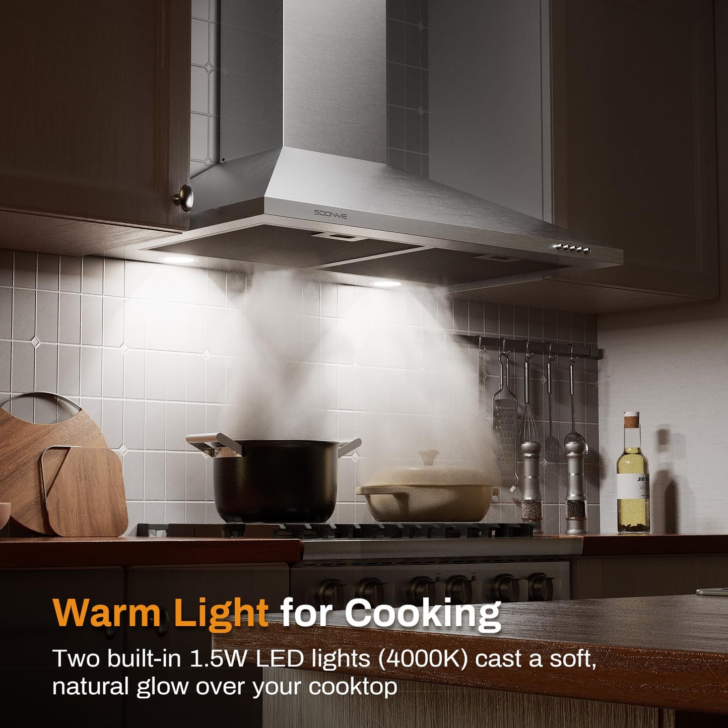 Soonye 30 Inch Wall Mount Range Hood Stainless Steel Ducted/Ductless Convertible Kitchen Exhaust Hood with 450 CFM Motor, 3 Speed Fan, LED Lighting and Dishwasher Safe Filters