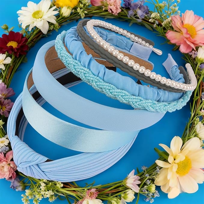 AHONEY 7 Pack Light Blue Headbands for Girls Women Headbands Trendy Non Slip Hairbands Cute Hair Accessories Multi-style Preppy Headband Pack Diademas Para Mujer