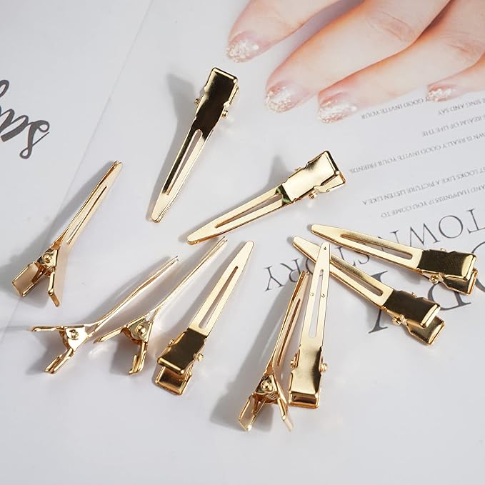 Qearl 120 PCS 1.77" Single Prong Curl Clips Gold Curl Pins Duckbill Clips Metal Alligator Clips for Hair Extensions Styling (Gold)