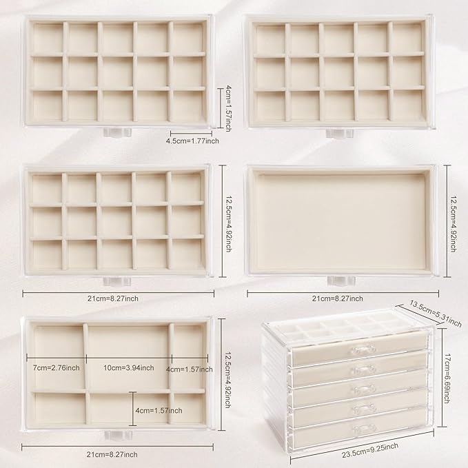 GUOER 5 Drawers Clear Jewelry Box for Women and Girls, Acrylic Earring Holder Organizer Ring Holder Display Storage, Warm White