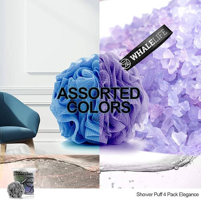 Loofah Sponge Bath Sponge for Women Men 4 Pack (Gray Blue Green Purple)