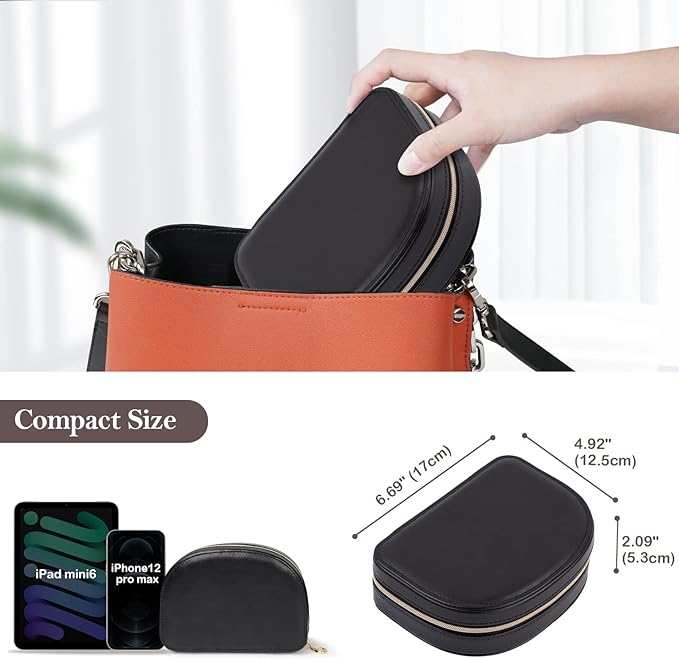 ProCase Travel Size Jewelry Box, Medium Portable Seashell-Shaped Jewelry Case, 2 Layer Jewelry Organizer in PU Leather for Women -Black