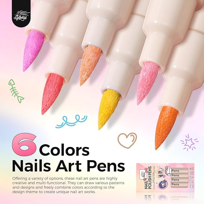 6 Colors Nail Art Pens Set, 3D Nail Polish Pens Quick-Drying Acrylic Paint Markers, Dotting Liner Brush for DIY Nail Design, Home & Salon Manicure Tools