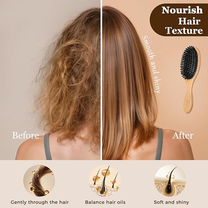 BLACK EGG Boar Bristle Hair Brush for Women Men Kid, Soft Natural Bristles Brush for Thin and Fine Hair, Restore Shine and Texture, Set includes Bamboo comb and 3 hair ties, Valentine’s Day Gift