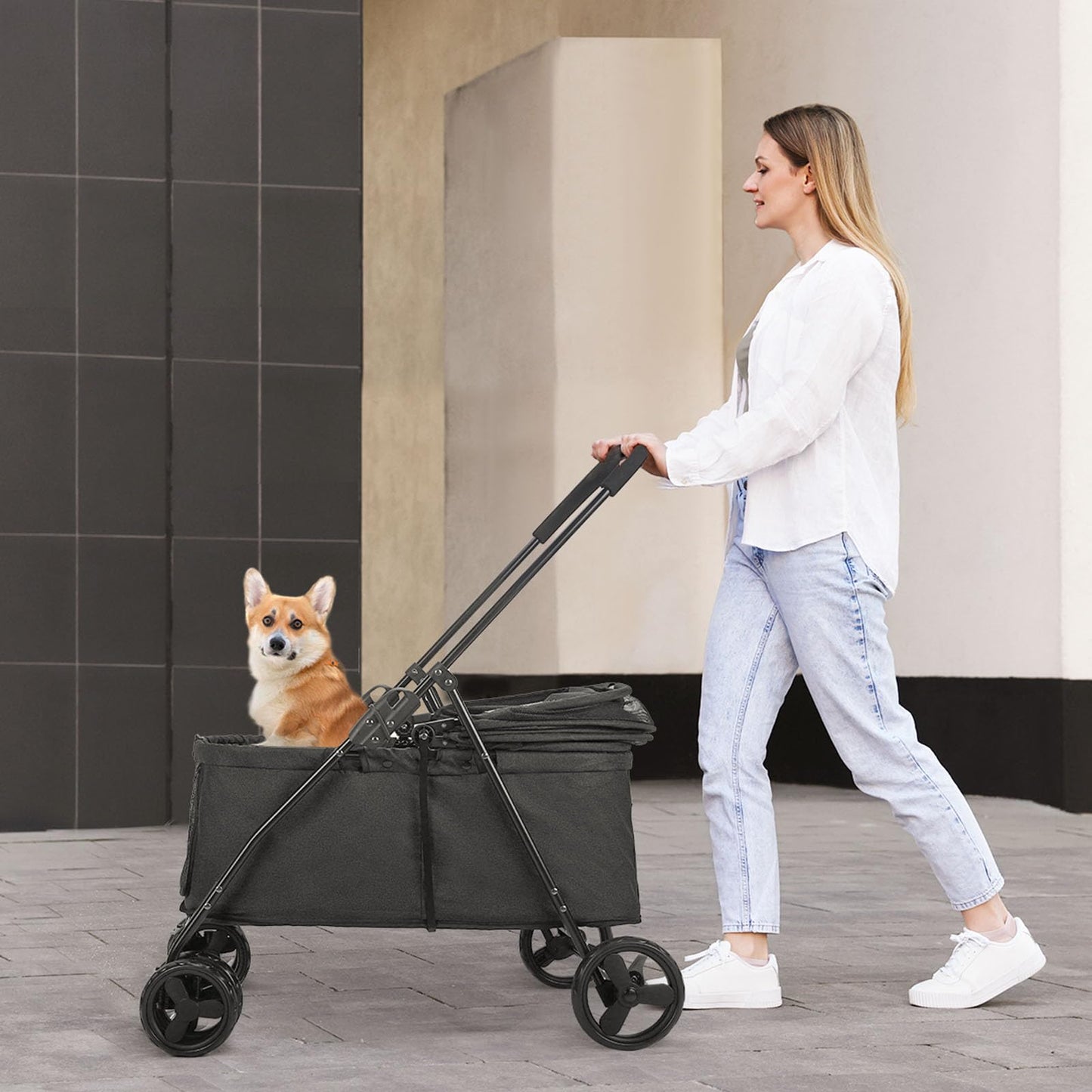 20% Larger Capacity, Wedyvko Dog Stroller for Medium/Small Pets w/Dog Poop Bags & Dispenser, Storage Pouch, Zipperless, Entry in/Out Easy (Black)