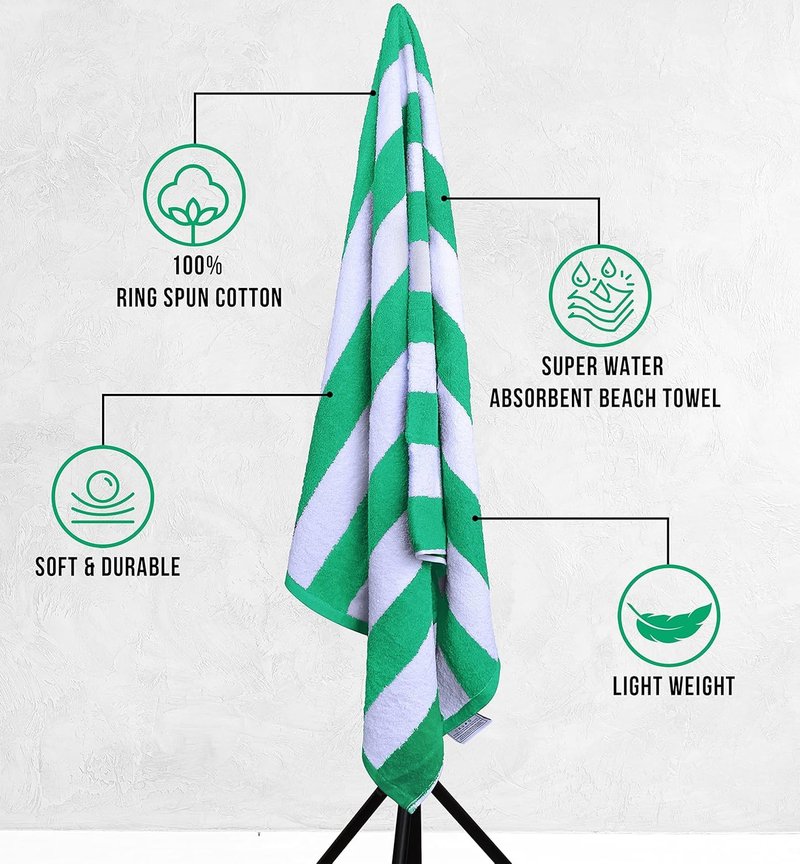 Utopia Towels Pack of 4 Cabana Beach Towels, Oversized 30 x 60 Inches Cotton Beach Towel Set, Smooth Ring Spun Texture for Pool and Swim Days, Modern Striped Design Bath Towels Green