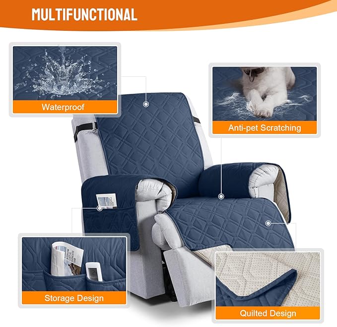 VANSOFY 100% Waterproof Recliner Chair Covers, Recliner Cover Non-Slip Dog Chair Cover Furniture Protector Washable Slipcover with Pocket, Elastic Straps for Pets, Dogs(Navy Blue, 28")