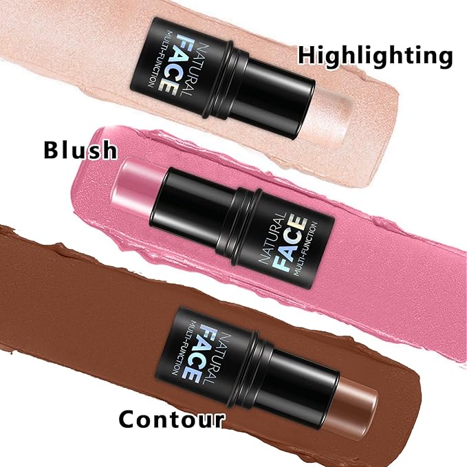 3Pcs Cream Contour Stick Makeup Kit, Shades with Highlighter, Blush and Bronzer Contour Stick for Sculpt the Cheeks, Long Lasting, Waterproof, Matte & Dewy Finish (LIGHT MEDIUM(2+5+6))