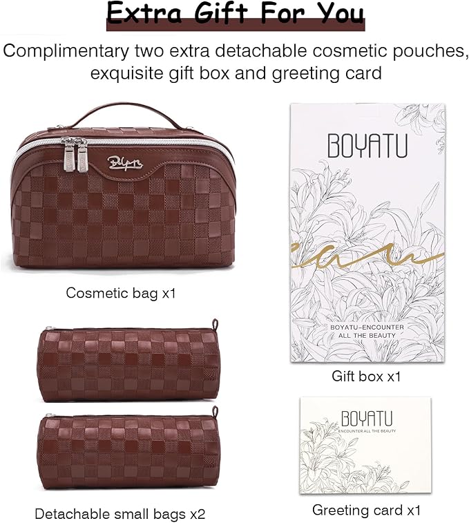 BOYATU Travel Makeup Bag Organizer Cosmetic Bag: 3 Pcs Set Make up Bags for Women with Handle - Waterproof Vegan Leather Toiletry Bags Travel Essentials Pouch with Compartments (03-A-Coffee)