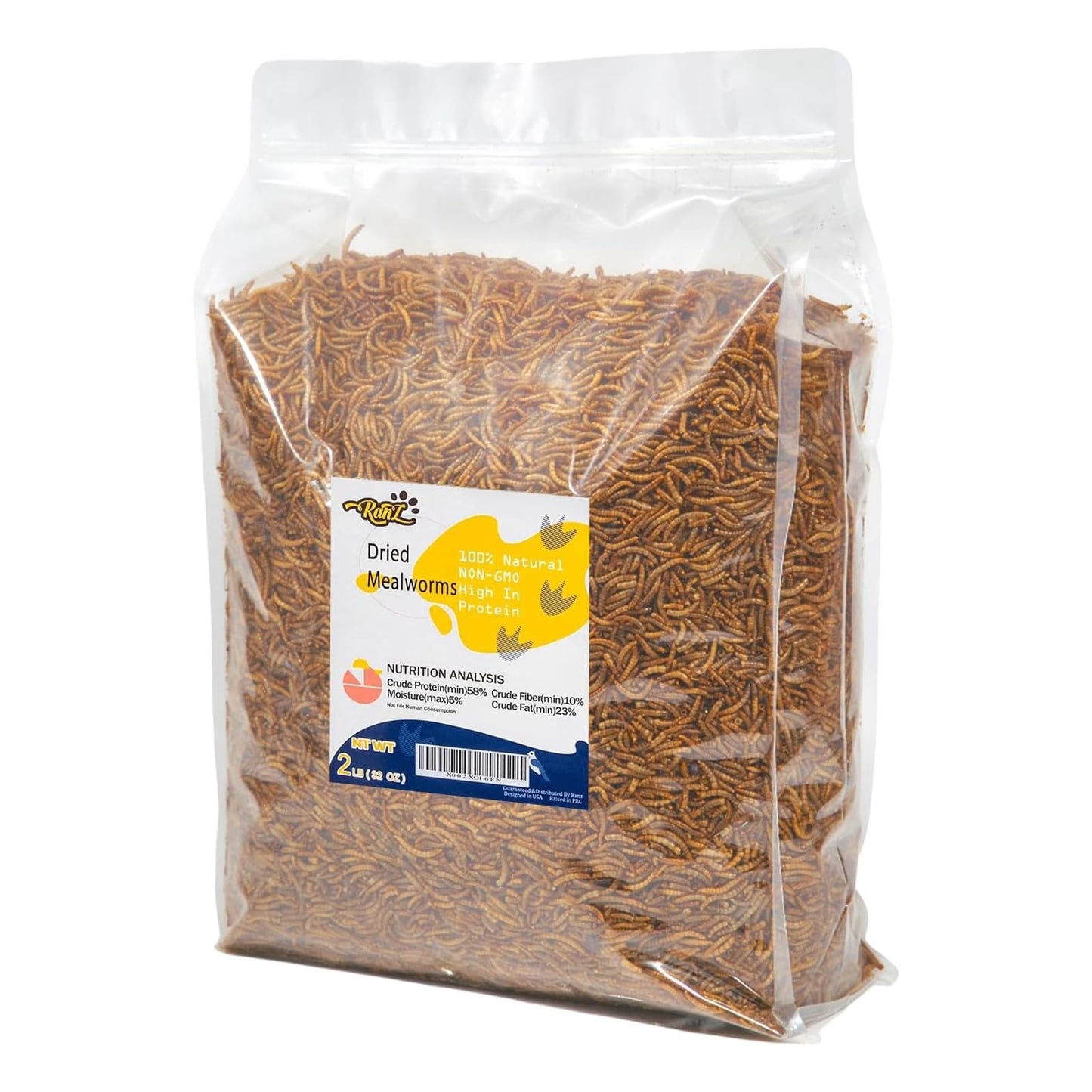 RANZ 2LBS Non-GMO Dried Mealworms for Chickens, High Protein Meal Worms, Premium Chicken Feed, Whole Large Mealworms for Blue Birds, Ducks, Fish