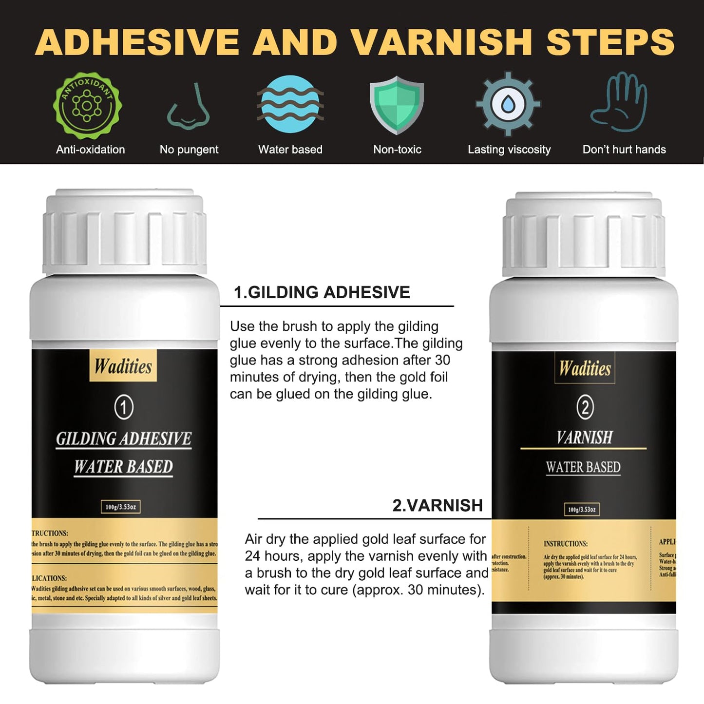 Wadities Gold Leaf Gilding Adhesive Set, 100ml Water Based Glue and 100ml Varnish, Gold Leaf Sheets 100 pcs, 2 Brushes, for Craft, Painting and Arts