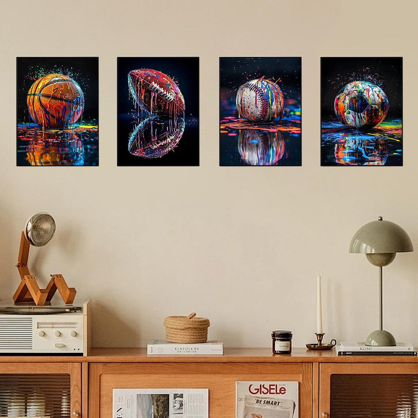 4 Pack ball games Diamond Art Kits for Adults, 5D DIY graffiti style Diamond Painting Kits for Beginner, Diamond Dots Full Drill Crafts for Gem Art for Adults Home Wall Decor for Boys Girls 12x16 inch
