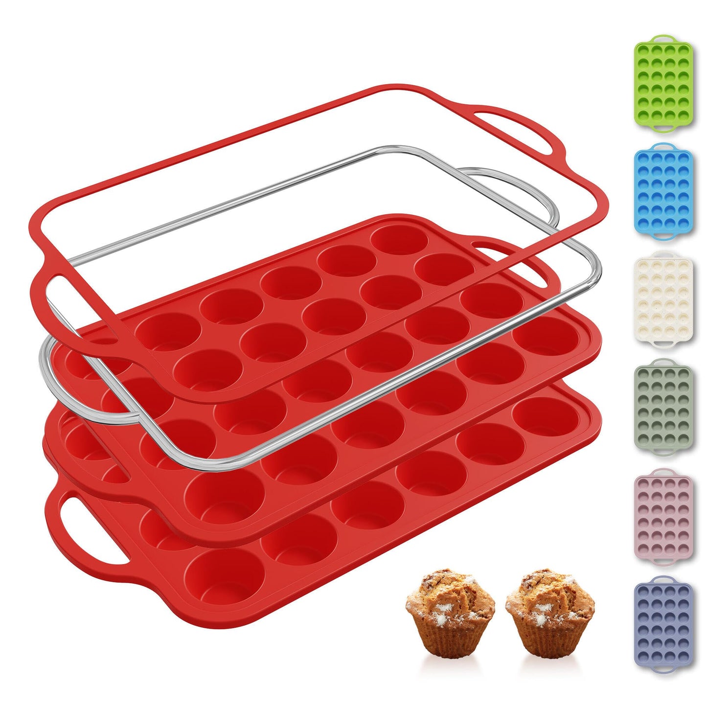 2 Packs 24 Cups Silicone Muffin Pan for Baking with Metal Reinforced Frame Mini Size Cupcake Pan Tray Chocolate Egg Pizza Bites Oven Cookie Mold Muffin Tin Tart Pans Sheet Set Small