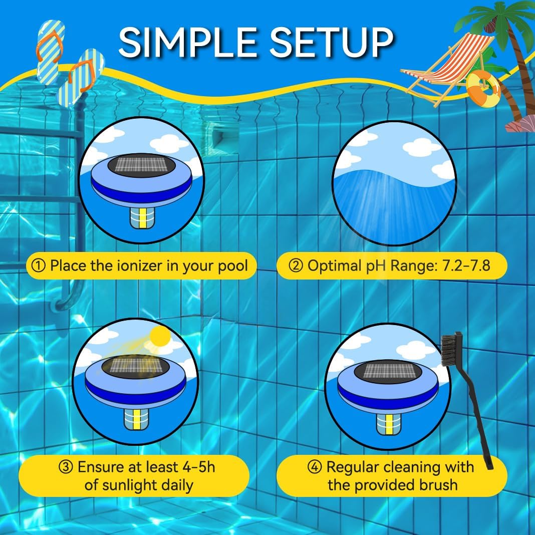 Solar Pool Ionizer - Floating Pool Cleaner for Swimming Pools Up to 45,000 Gallons, Large Solar Panel & Durable Copper Anode, Clear Water with Minimal Effort