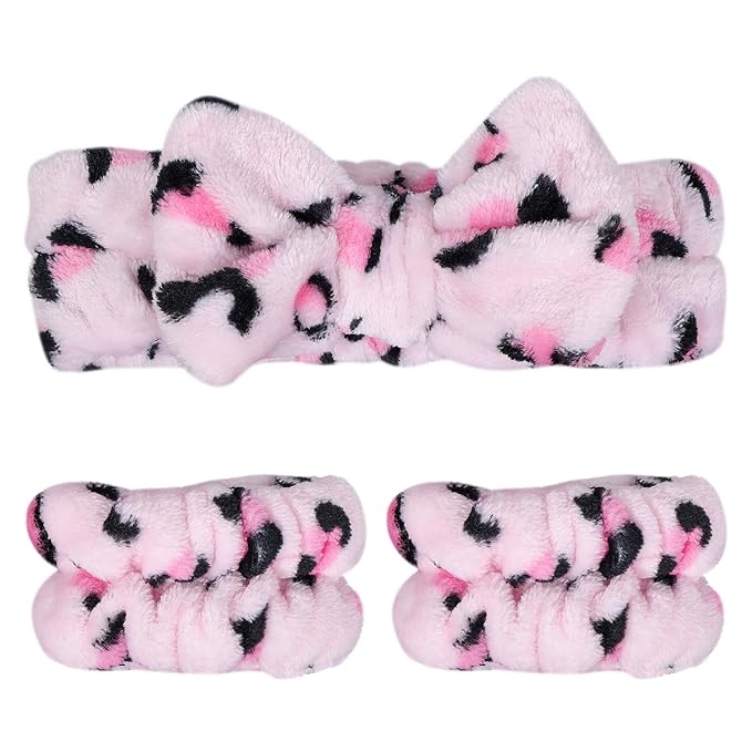 Pink Leopard Print Plush Wash Face Headband Bowknot Cheetah Spa Hair Band Wrist Cuffs Women Girls Facial Makeup Skincare Bath Head Wrap Lady Costume Party Supply Xmas Gift