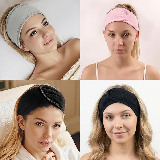 3 Pack Velcro Headband for Washing Face, Terry Cloth Spa Headbands for Women - Soft Adjustable Facial Hair Band for Makeup & Skincare Routine
