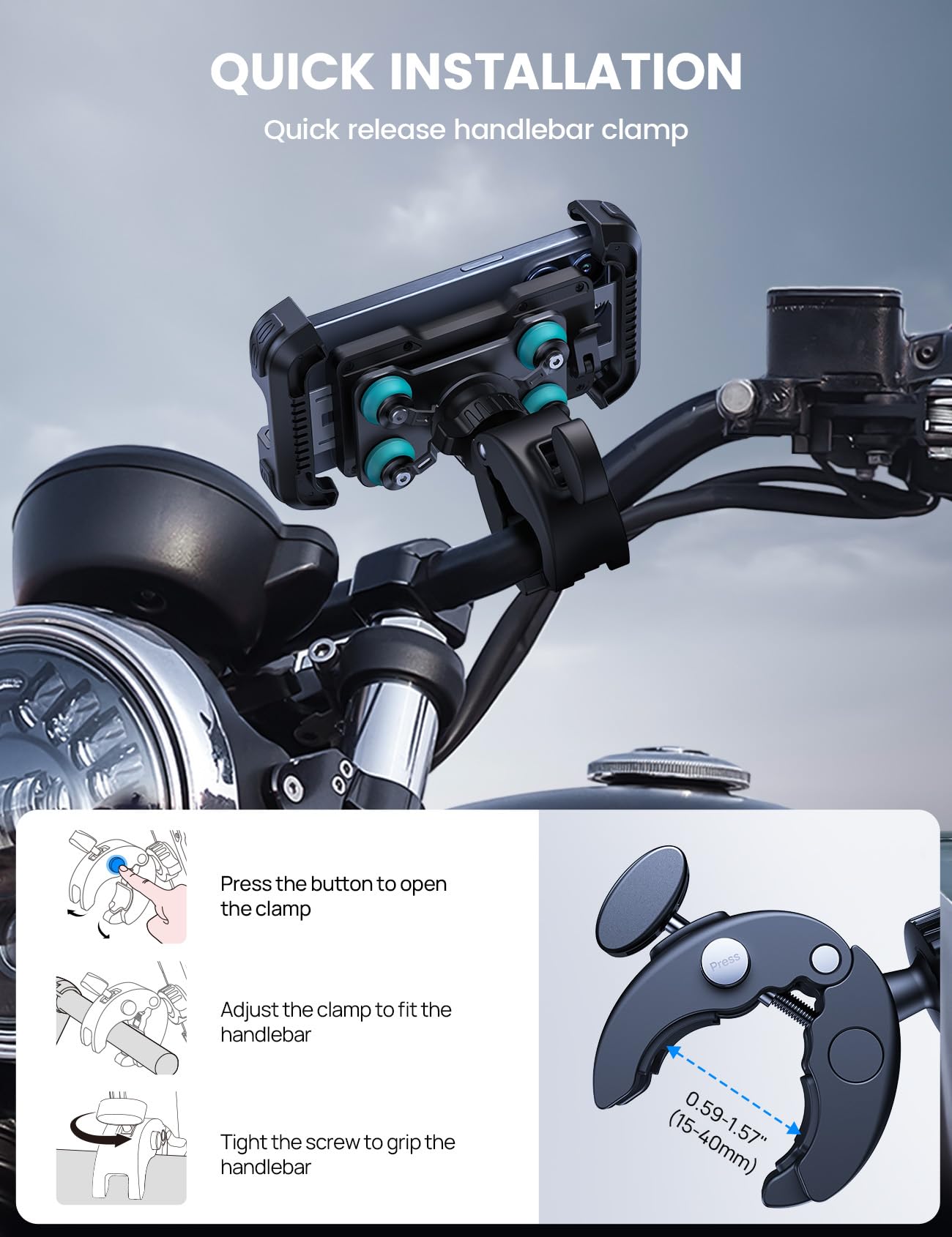 Lamicall Motorcycle Phone Mount Holder - [Dual Vibration Dampener] [Upgrade Handlebar Clip] Motorcycle Cell Phone Holder, Bike Phone Mount, Fit iPhone 16/15/14/13 Pro Max, 4.7-6.7" Phones, Blue