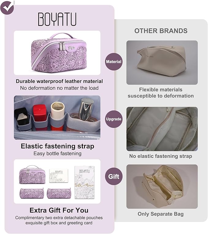 BOYATU Travel Makeup Bags Cosmetic Organizer Bag: 3 Pcs Set Large Capacity Floral Make up Bag with Compartments - Waterproof Leather Toiletry Bags with Handle for Women (21-Purple)