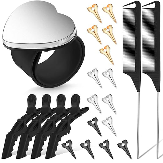 22 Pces Hair Braiding Tools with Magnetic Wrist Sewing Pincushion Pin Wristband Stainless Stitch Braid Finger Ring Tool Pintail Rat Tail Comb Sectioning Alligator Clips Salon Home(Black)