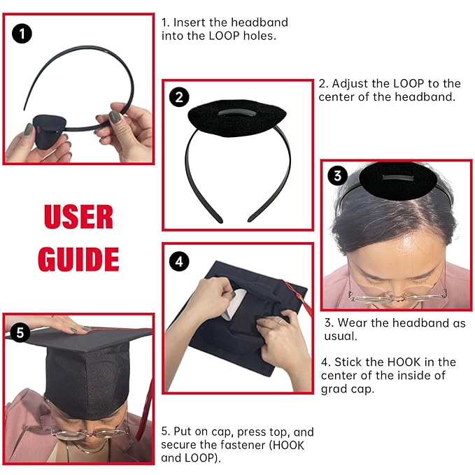 2 Pcs Graduation Cap Headband, No-Slip Comfortable Grad Cap Headband Insert with Premium Hook and Loop Fastener, Reliable Grip for All-Day Ceremony, Fits Most Head Sizes