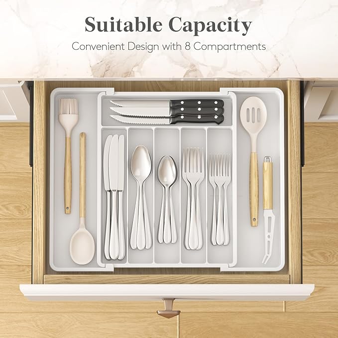 Lifewit Silverware Drawer Organizer, Expandable Utensil Tray for Kitchen, BPA Free Flatware and Cutlery Holder, Adjustable Plastic Storage for Spoons Forks Knives, 10.9"-17.5" x 13.7", White