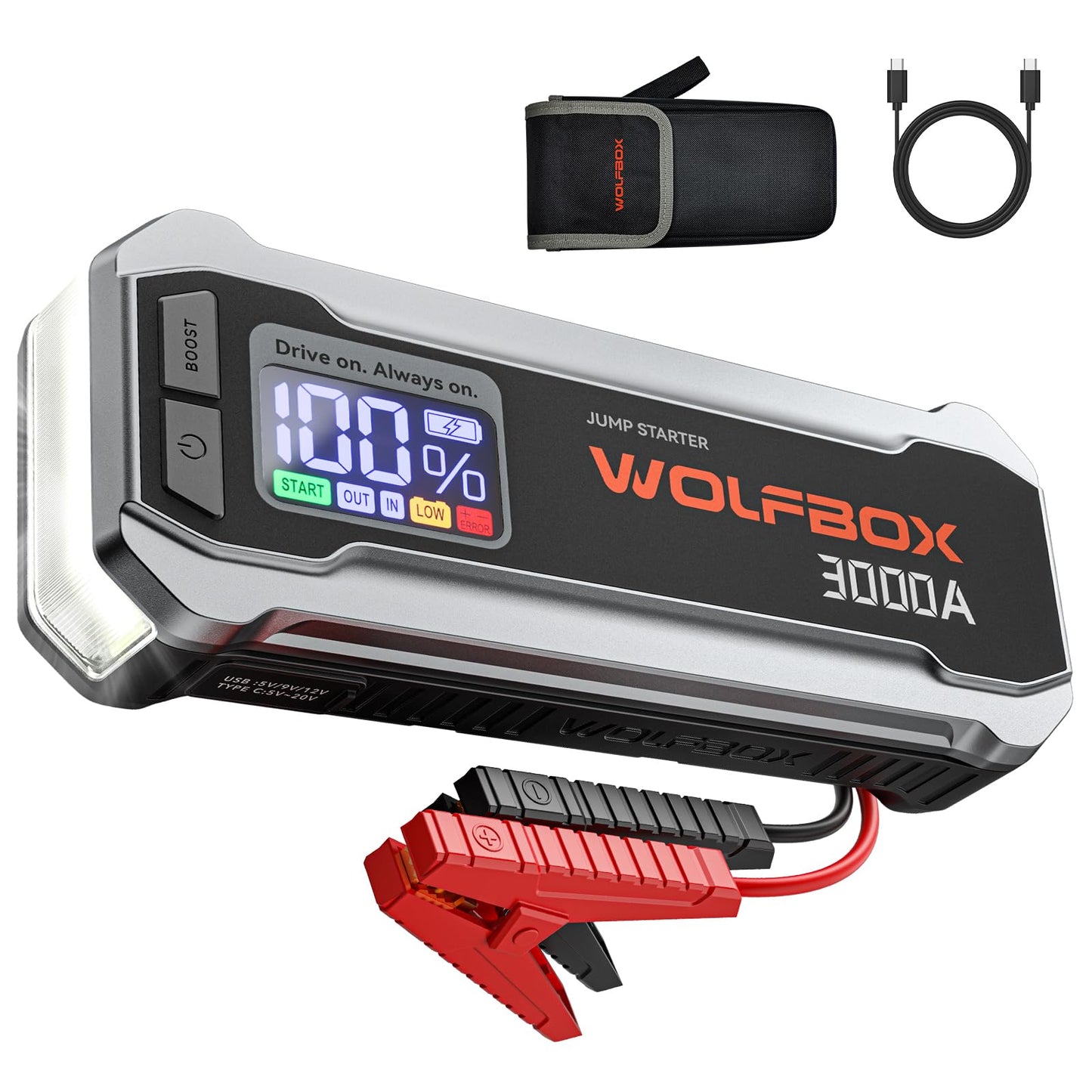 WOLFBOX 3000A Jump Starter,12V Car Battery Jump Starter with 65W Quick Charger,LED Display,59.2Wh Portable Jump Starter Battery Pack(8L Gas 6L Diesel Engine) with Booster,LED Light,Jumper Cables