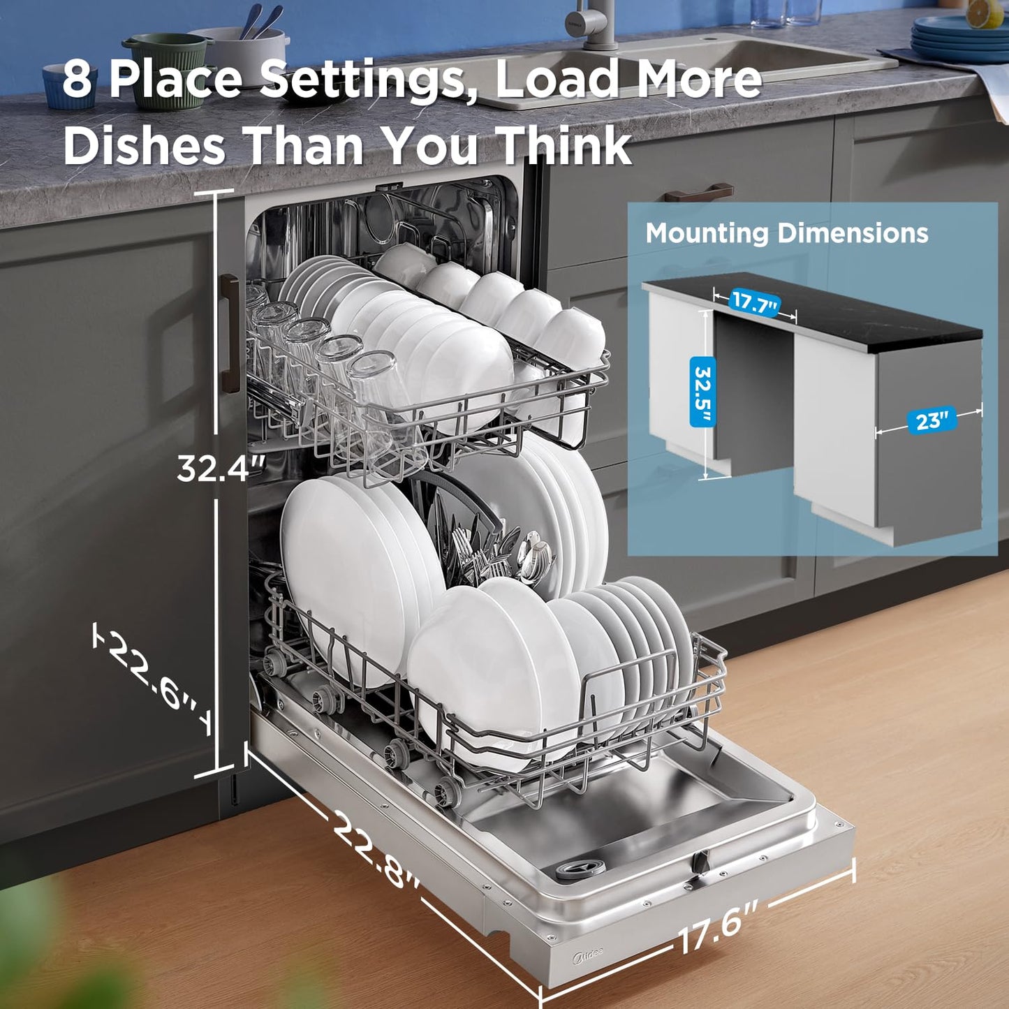 Midea 18 Inch Built-in Dishwasher, Slim Space-Saving Design with 8 Place Settings, 6 Washing Programs & Stainless Steel Tub, Energy Star Certified Dishwasher with Heated Dry & High Temp Wash, Silver