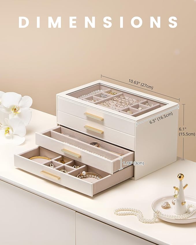 Lolalet Jewelry Box Organizer, 4-Layer Jewelry Organizers and Storage Case with Glass Lid, Ring Earring Bracelet Necklace Holder Organizer, Birthday Valentine Gifts for Women Girls -4Layer, Beige