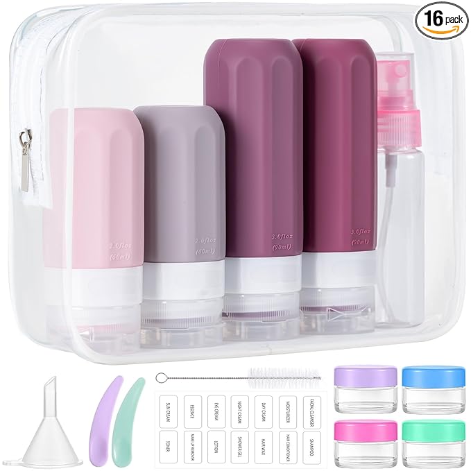 MODENGKONGJIAN 16 Pack Travel Bottles for Toiletries,TSA Approved Silicone Squeezable Travel Shampoo Bottles, 3oz Leak Proof Refillable Toiletry Cosmetic Containers (16PCS/Cranberry)