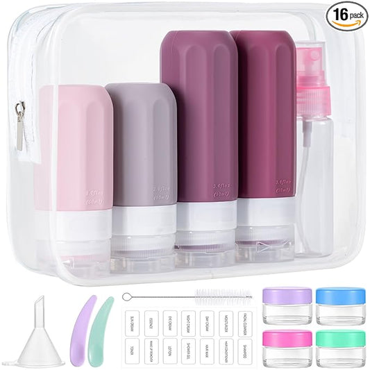 MODENGKONGJIAN 16 Pack Travel Bottles for Toiletries,TSA Approved Silicone Squeezable Travel Shampoo Bottles, 3oz Leak Proof Refillable Toiletry Cosmetic Containers (16PCS/Cranberry)