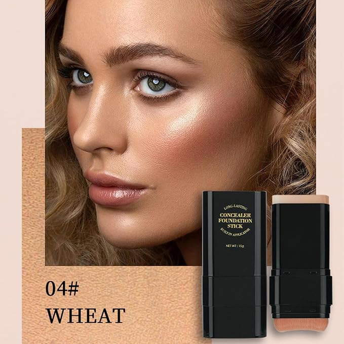 Foundation Stick, 2 in 1 Dual-Ended Long-Lasting Concealer Korean Foundation Contour Stick, Waterproof Contouring foundation with Brush, Full Coverage Matte Finish for Face Makeup(04#WHEAT)