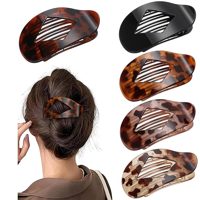 5 PCS Flat Hair Clips, No Crease Flat Claw Clips for Women, Large Strong Hold Barrettes for Thick Thin Hair, French Duckbill Styling Accessories(Tortoise)