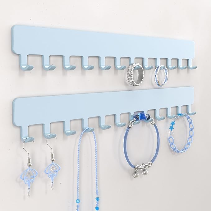 Necklace Organizer Wall Mount: Wall Necklace Hanger with Hooks for Tangle-Free Storage – Easy Access Wall Mounted Necklace Holder for Jewelry Display, Baby Blue
