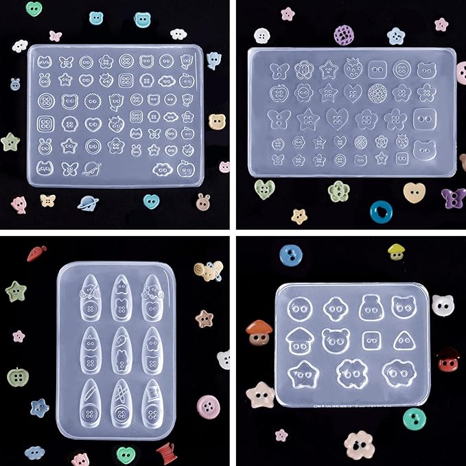 Laza 4pcs Button Silicone Nail Art Molds, 3D Multiple Shapes Embossed Button Nail Charms Nails Accessories with Carving Pen Resin Nail Art Mold Manicure Tools for Manicures Design