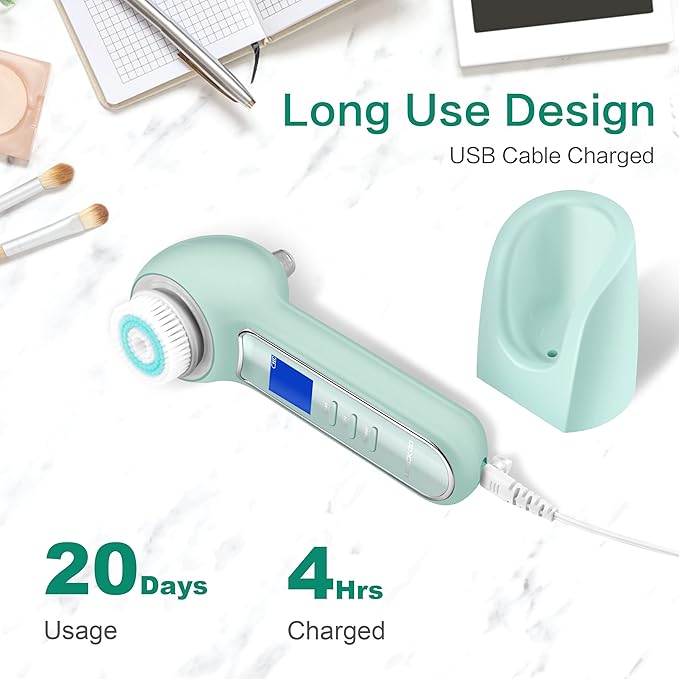 UMICKOO Face Scrubber Exfoliator,Facial Cleansing Brush Waterproof with LCD Screen,Blackhead Remover Vacuum with 5 Brush Heads,Face Spin Brush for Exfoliating (Green)